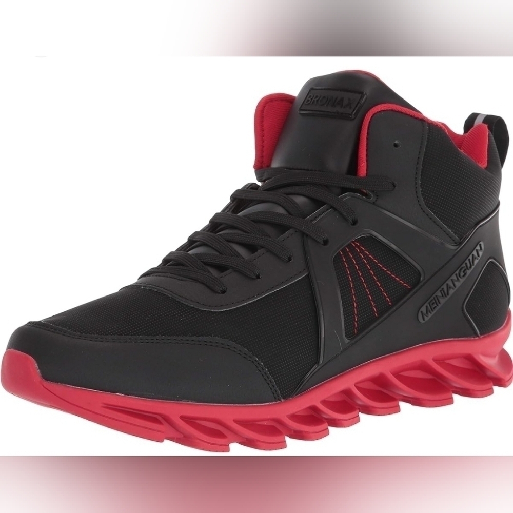 Bronax Mens Meinianguan Black/RED Mid top sneakers Athletic shoes Sz.9.5